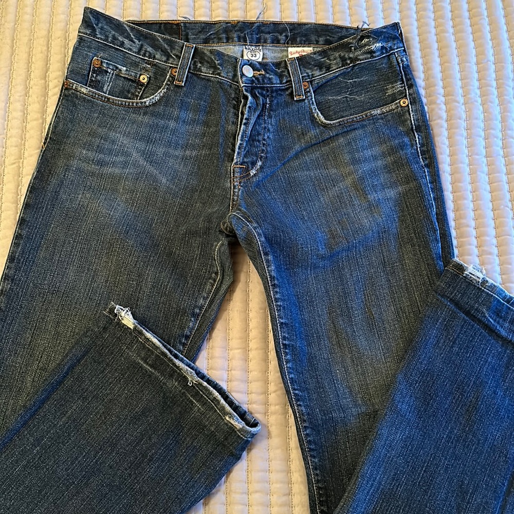 Lucky Brand men’s jeans, button fly, slim bootleg, size: waist 33, hemed to 30.